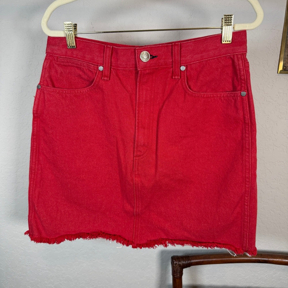 Rag & Bone Red Denim Mini Skirt Raw Hem Size 28 Made in USA Streetwear Edgy